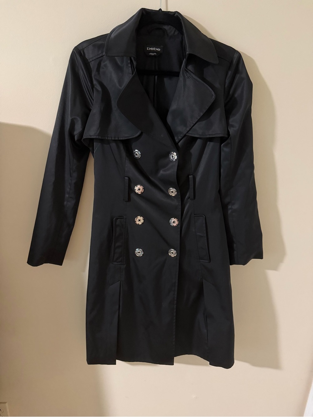 bebe Black Double-Breasted Trench with Decorative Buttons
